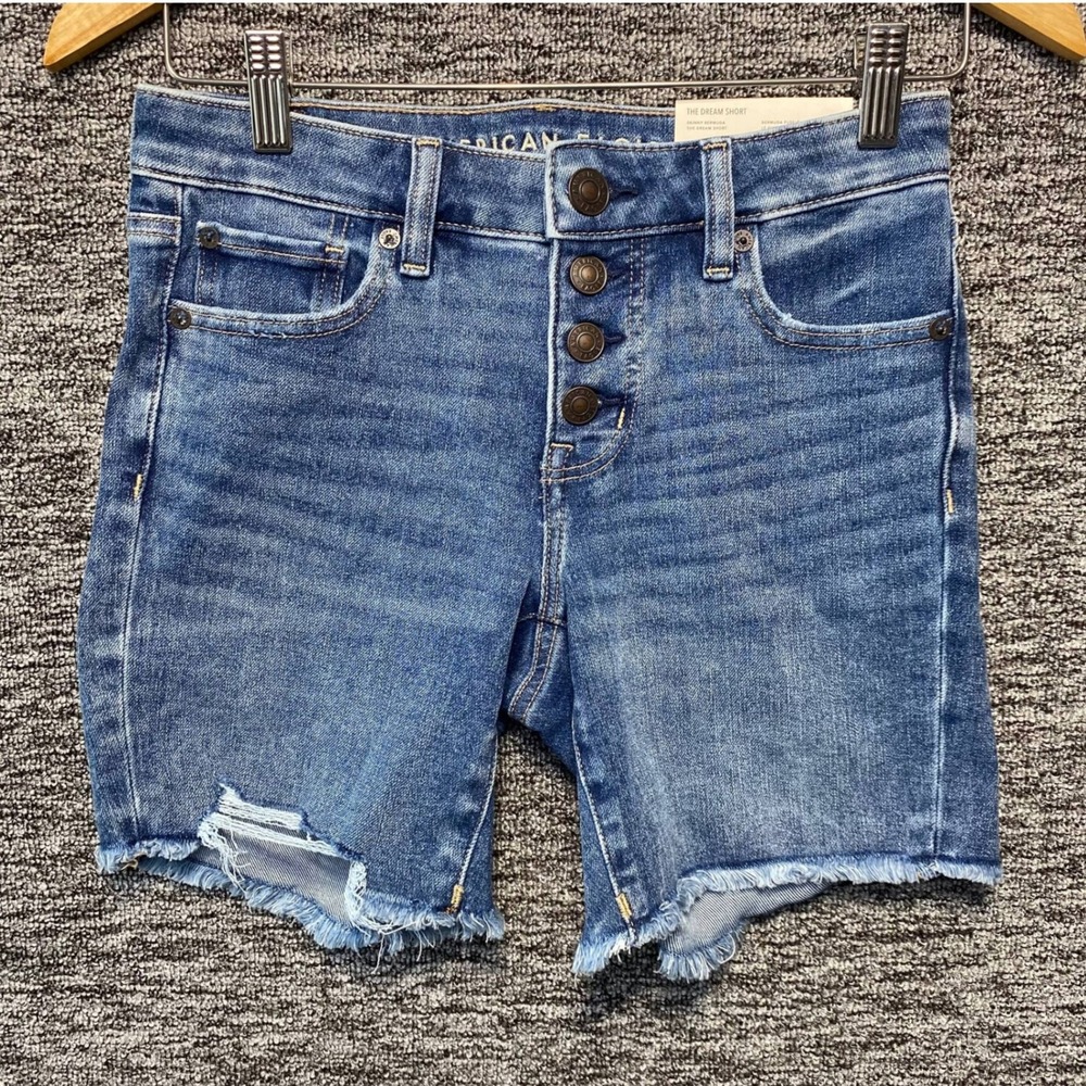 NWT American Eagle Skinny Bermuda Shorts Womens 0 Blue Distressed Denim Low Rise
